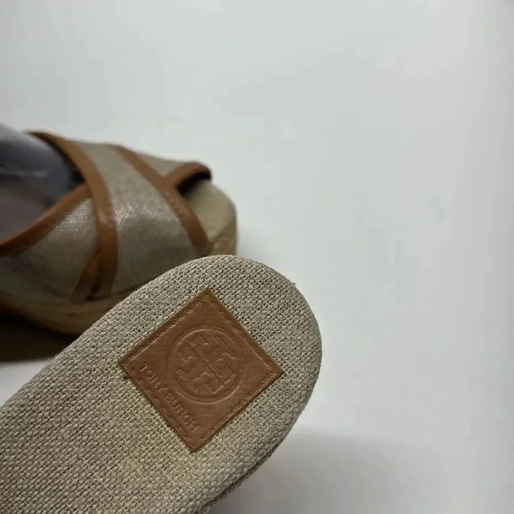 Tory Burch Mya Espadrille Wedge Heels Pump Peep Toe Slingback Brown Sparkle 7